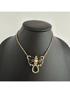 Victorian Revival Black Enamel Pearl Rhinestone Gold Tone Bar Link Necklace